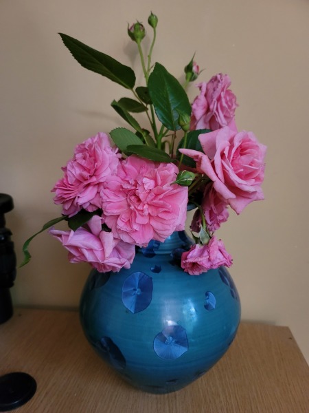 Bouquet of Zaide™ Rose buds and rose leaves stand out surrounded by fat full blown roses that smell heavenly