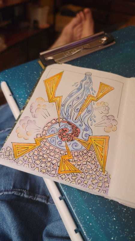 PostOp Doodle of lightning bolts hitting swirling water